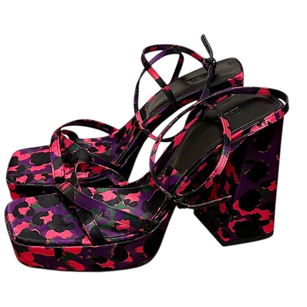 ZARA Square toe Block Heels Platform Floral Sandals